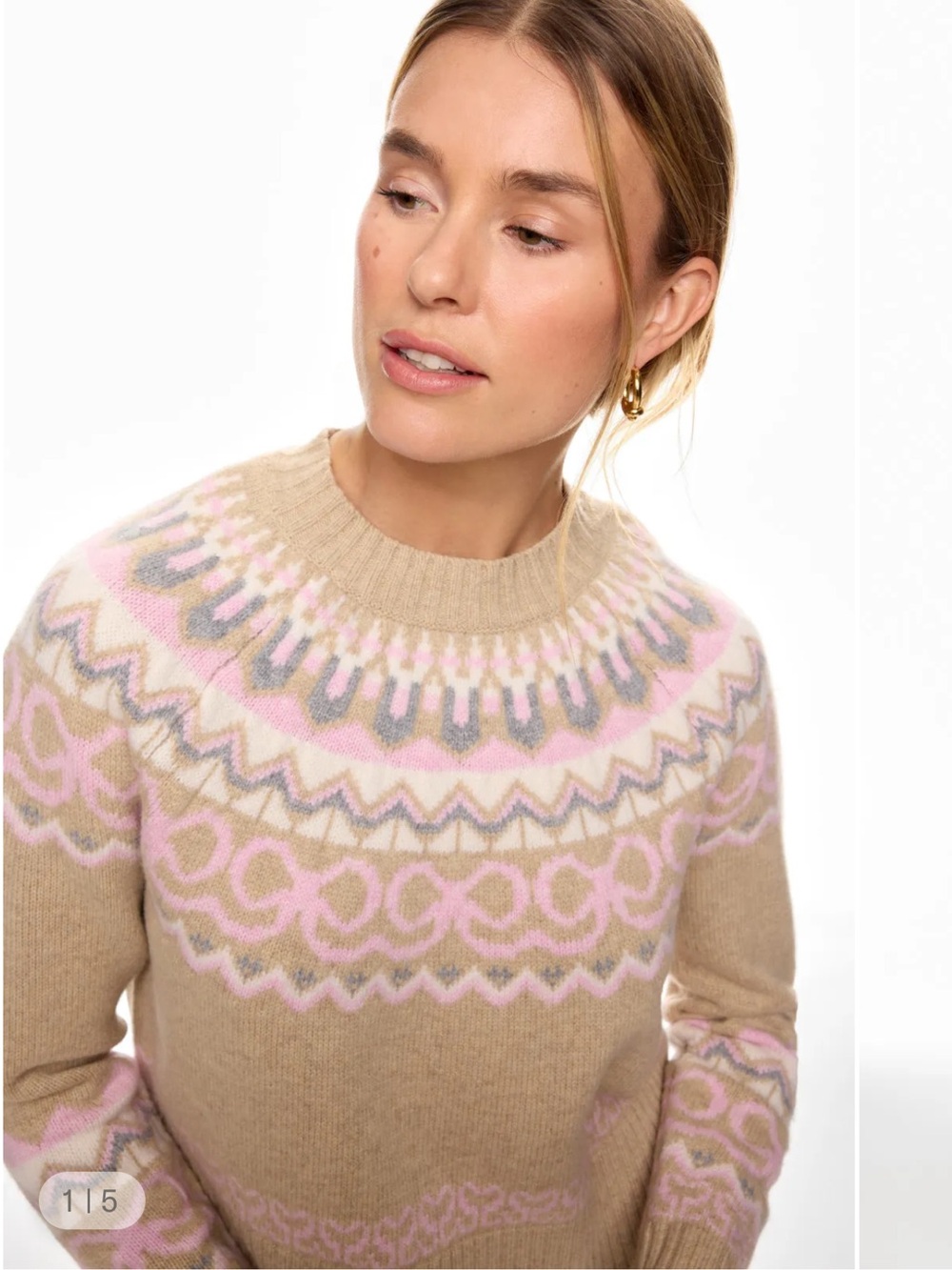 LoveShackFancy Fair Isle Wool Sweater Pink Beige Cozy Knit M MSRP $395